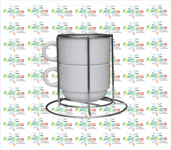 KIT CANECA BRANCA C/ SUPORTE PRATA