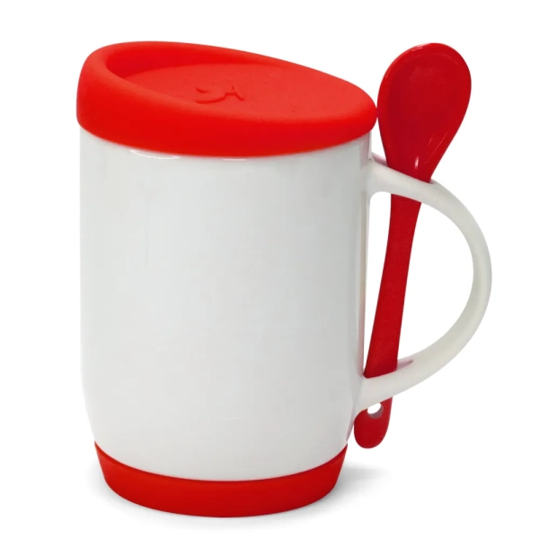 CANECA DE PORCELANA  325 ML  + BASE E TAMPA VERMELHA  C/ COLHER