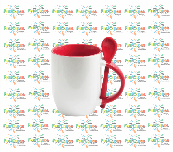 CANECA DE PORCELANA  325 ML INTERIOR VERMELHO C/ COLHER CÔNICA