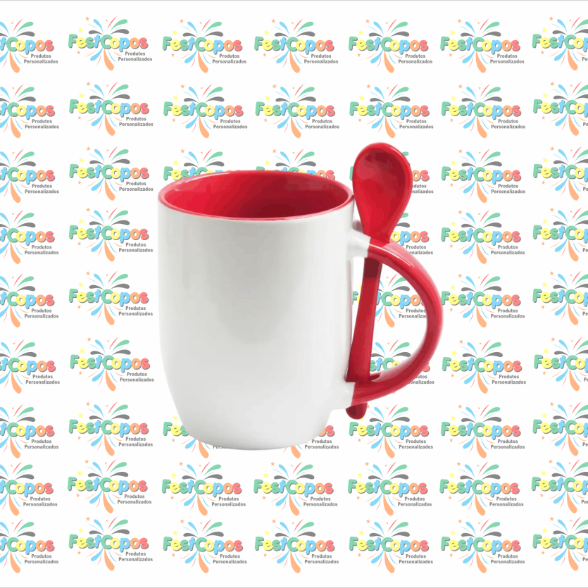 CANECA DE PORCELANA  325 ML INTERIOR VERMELHO C/ COLHER CÔNICA