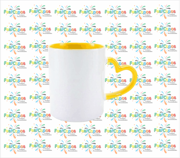 CANECA DE PORCELANA 325 ML ALÇA CORAÇÃO INTERNO AMARELO