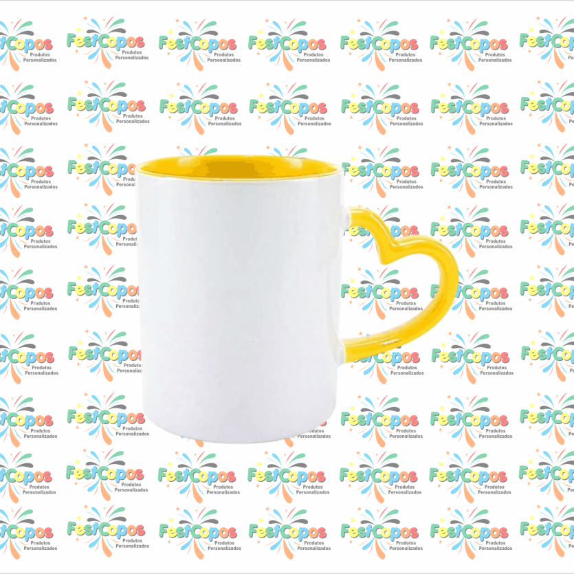 CANECA DE PORCELANA 325 ML ALÇA CORAÇÃO INTERNO AMARELO