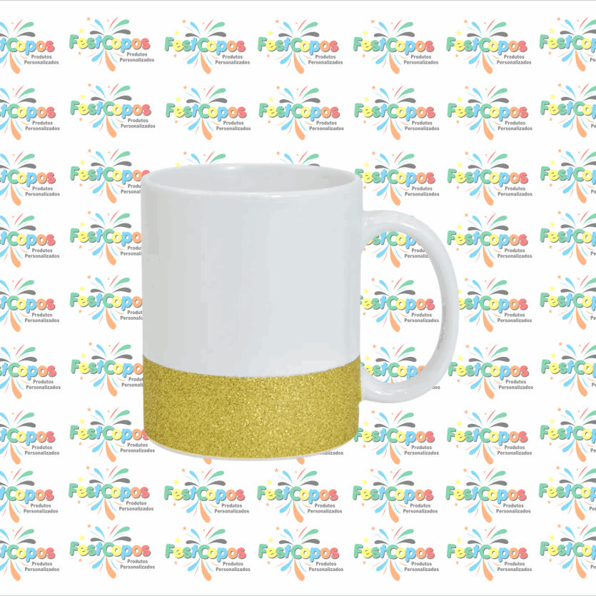 CANECA DE PORCELANA GLITER NA BASE DOURADA