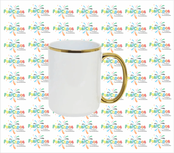 CANECA 440 ML BRANCA / ALÇA E BORDA DOURADA