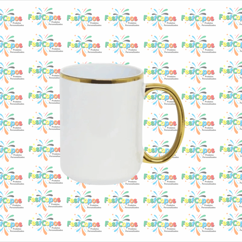 CANECA 440 ML BRANCA / ALÇA E BORDA DOURADA