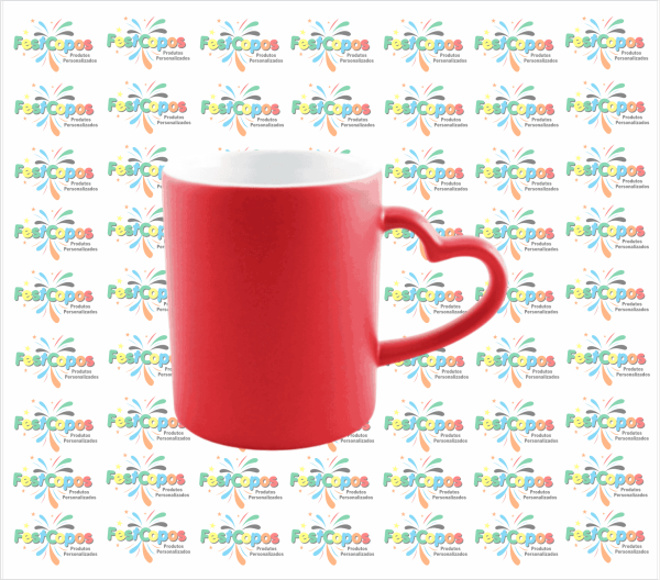 CANECA DE PORCELANA ALÇA DE CORAÇÃO  MÁGICA VERMELHA