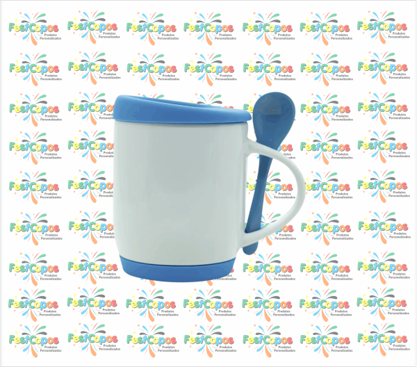 CANECA DE PORCELANA  325 ML  + BASE E TAMPA AZUL CLARO C/ COLHER