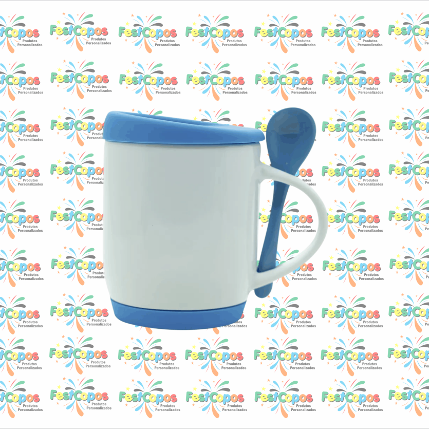 CANECA DE PORCELANA  325 ML  + BASE E TAMPA AZUL CLARO C/ COLHER