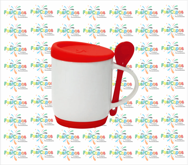 CANECA DE PORCELANA  325 ML  + BASE E TAMPA VERMELHA  C/ COLHER