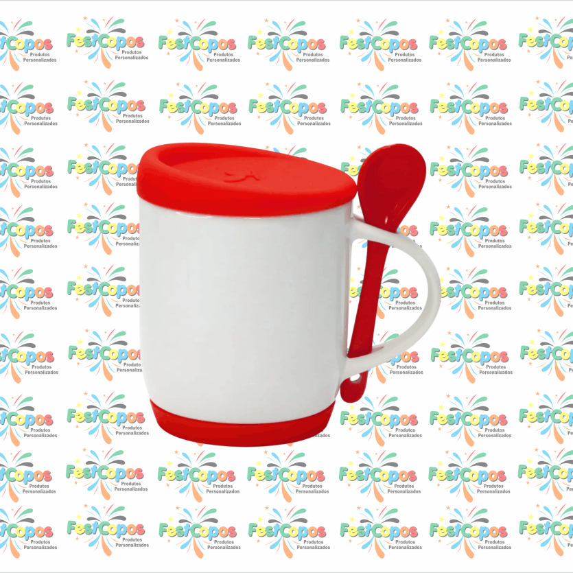 CANECA DE PORCELANA  325 ML  + BASE E TAMPA VERMELHA  C/ COLHER