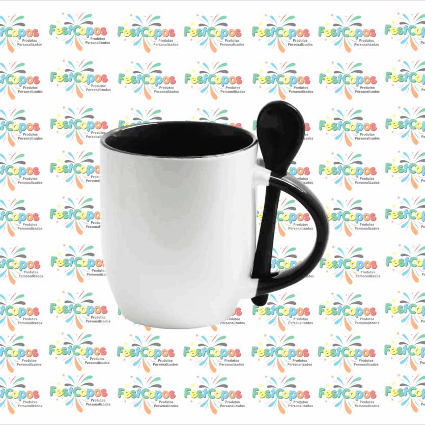 CANECA DE PORCELANA  325 ML INTERIOR PRETO C/ COLHER CÔNICA