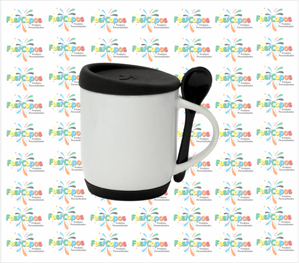 CANECA DE PORCELANA  325 ML  + BASE E TAMPA PRETA C/ COLHER