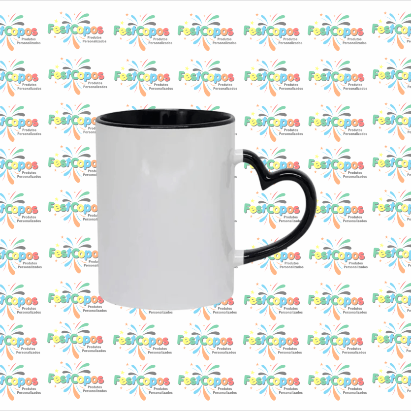 CANECA DE PORCELANA 325 ML ALÇA CORAÇÃO INTERNO PRETO