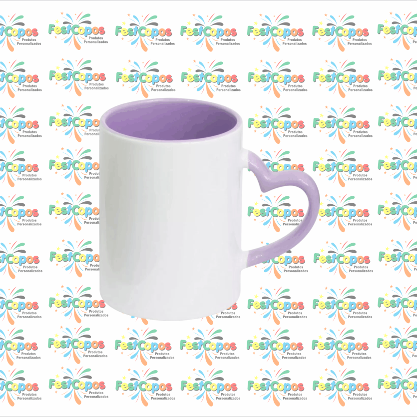 CANECA DE PORCELANA 325 ML ALÇA CORAÇÃO INTERNO LILÁS