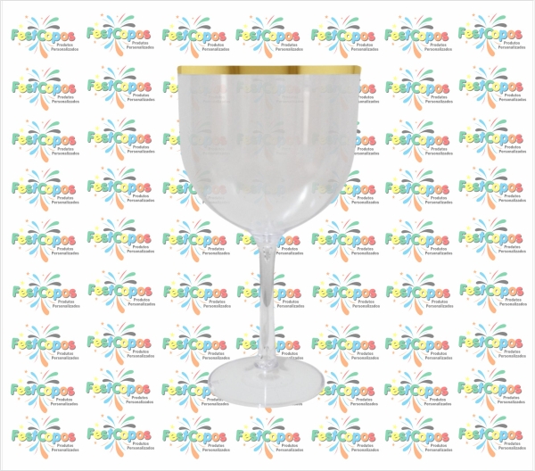 TAÇA DE GIN TRANSPARENTE COM BORDA DOURADA